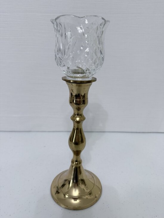 Homco Other - Homco Tulip Diamond Clear Votive Holder on Heavy Brass Candlestick Holder 10.75"